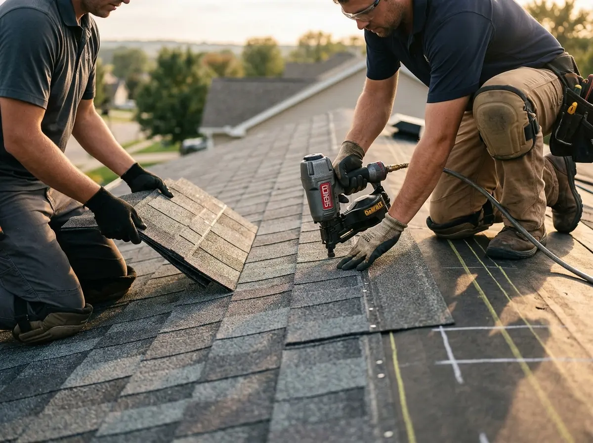 Professional roofer working on a residential roof in Pitman